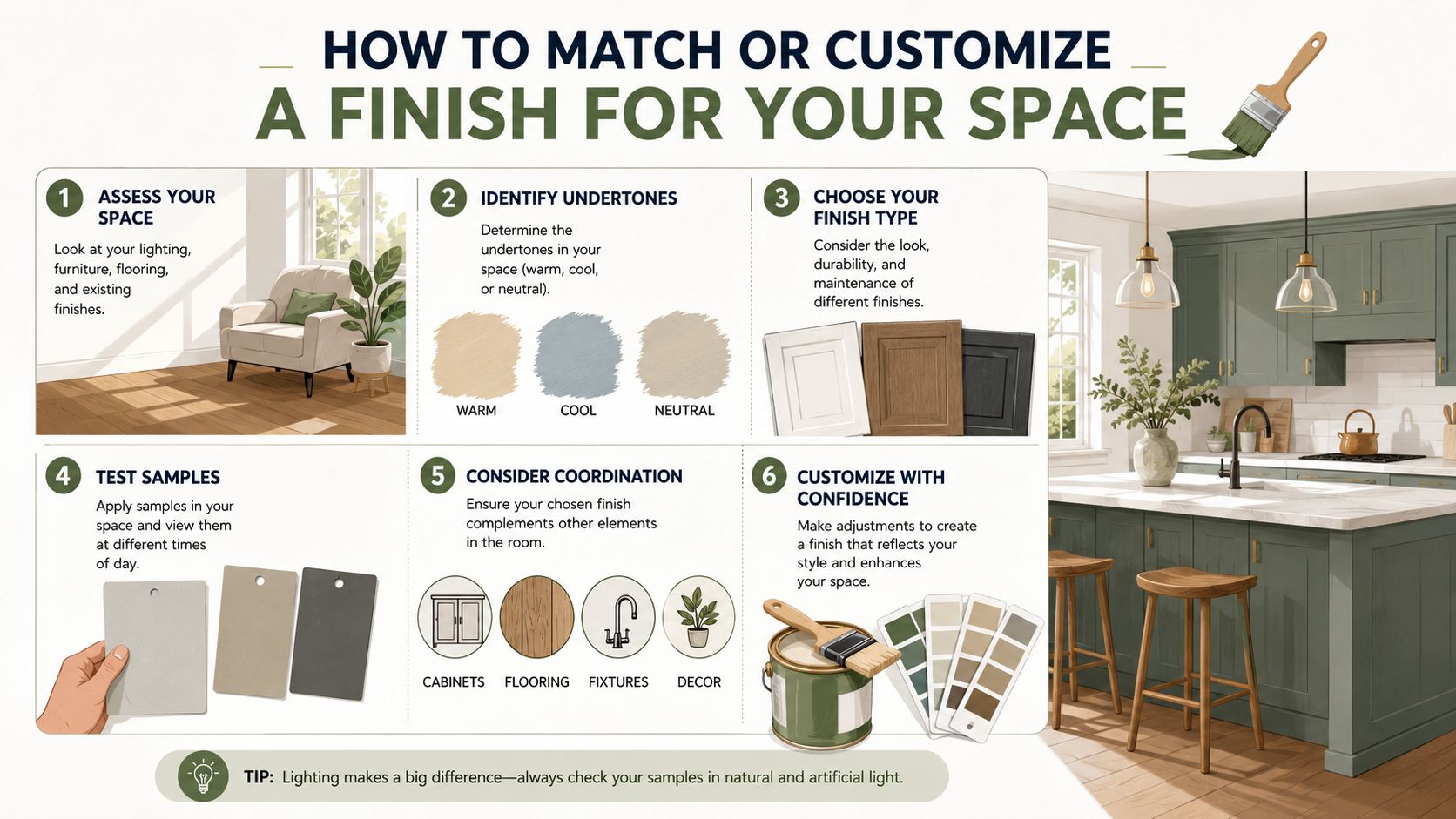 An instructional infographic titled How to Match or Customize a Finish for Your Space, explaining six steps for choosing home finishes.