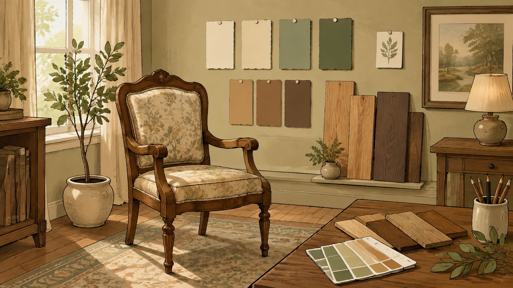 An interior design studio featuring a floral armchair, wood samples, and paint swatches on the wall.