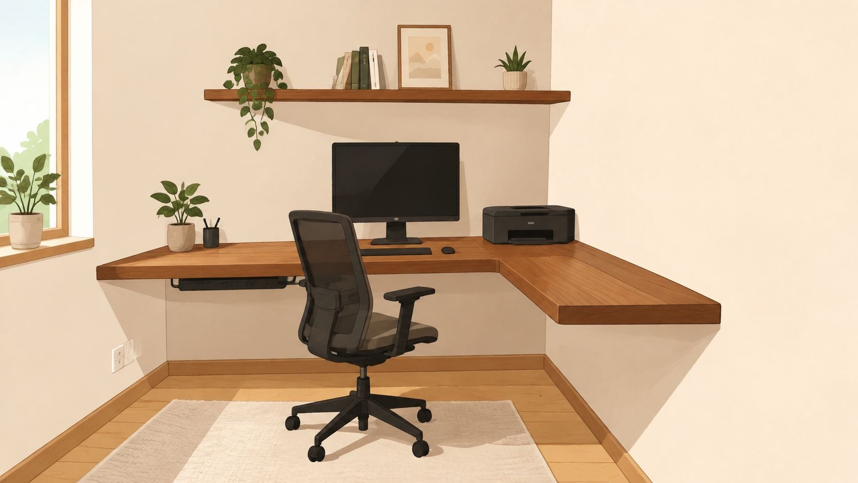 A modern corner floating desk setup with a computer, house plants, and a comfortable ergonomic office chair.