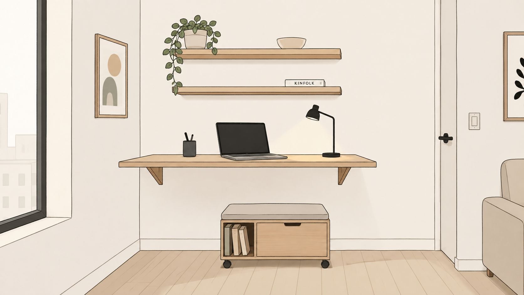 A modern floating desk setup for a small apartment office with a laptop, lamp, and shelving.