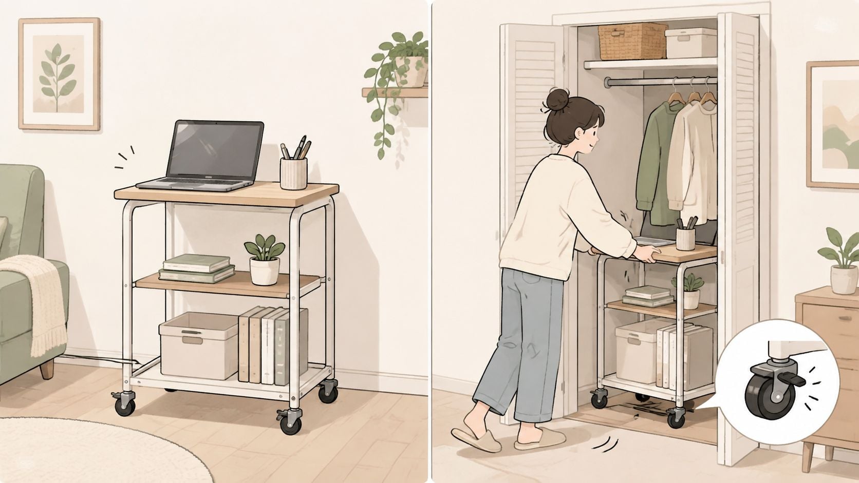A woman effortlessly rolling a mobile laptop cart into a closet for compact home office storage.