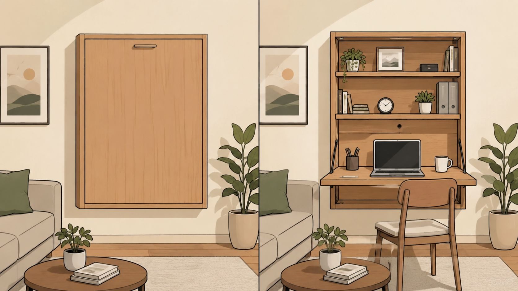 A dual view showing a wall-mounted wooden desk folded shut versus open with a laptop and accessories.