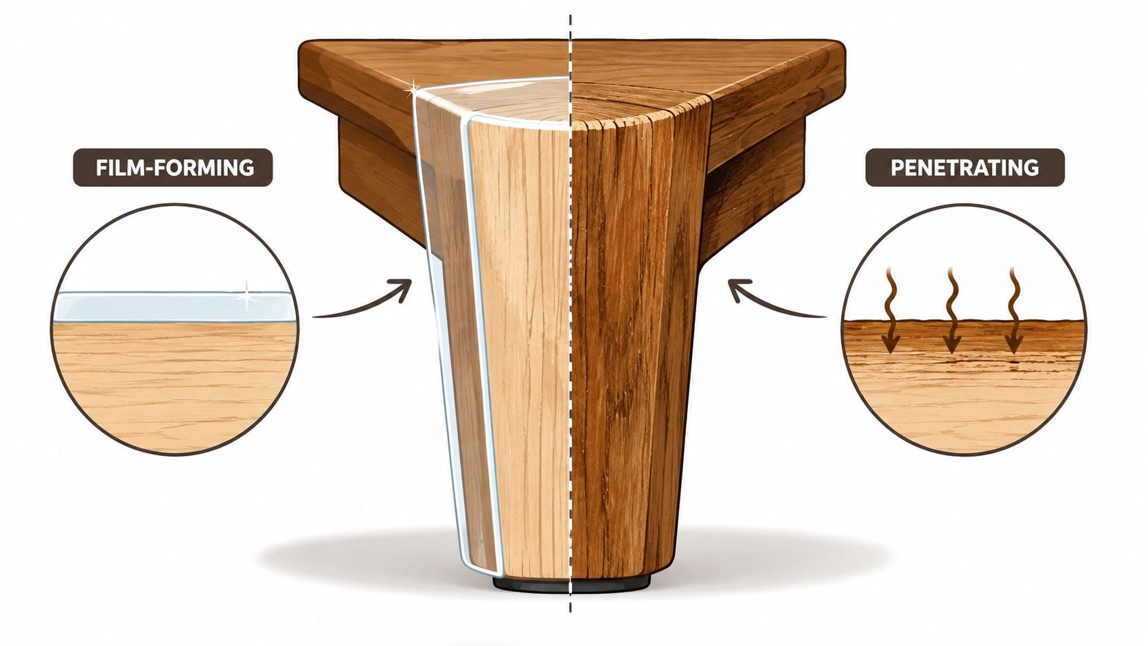 A diagram comparing film-forming and penetrating wood finish techniques applied to a wooden table leg section.