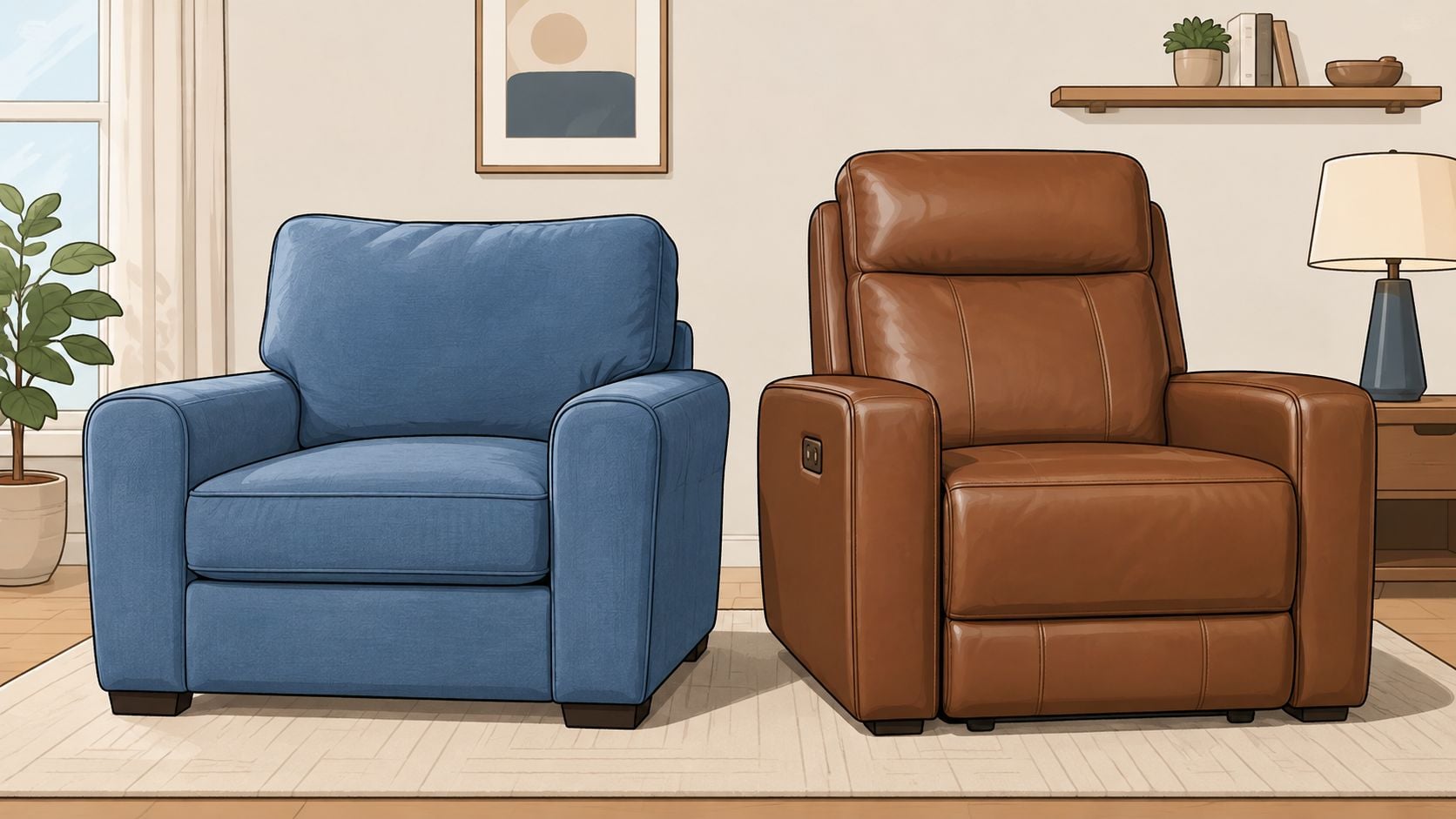 A cozy living room featuring a wide blue fabric armchair next to a brown leather recliner chair.