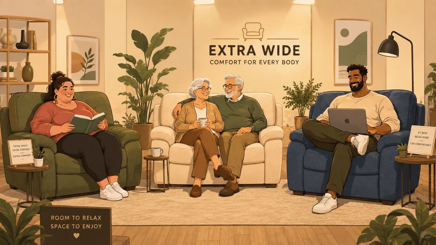 Three people relaxing in comfortable extra wide armchairs and a loveseat in a cozy, well-lit living room.