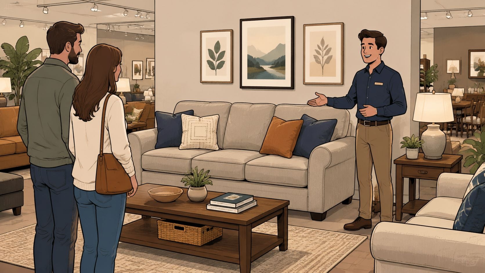 A friendly furniture store associate demonstrates a beige sofa to a couple in a showroom environment.