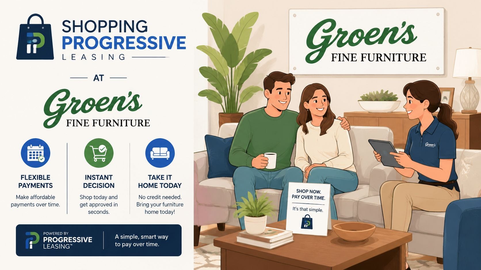 A couple discussing furniture financing with a sales associate at a Groen's Fine Furniture showroom.