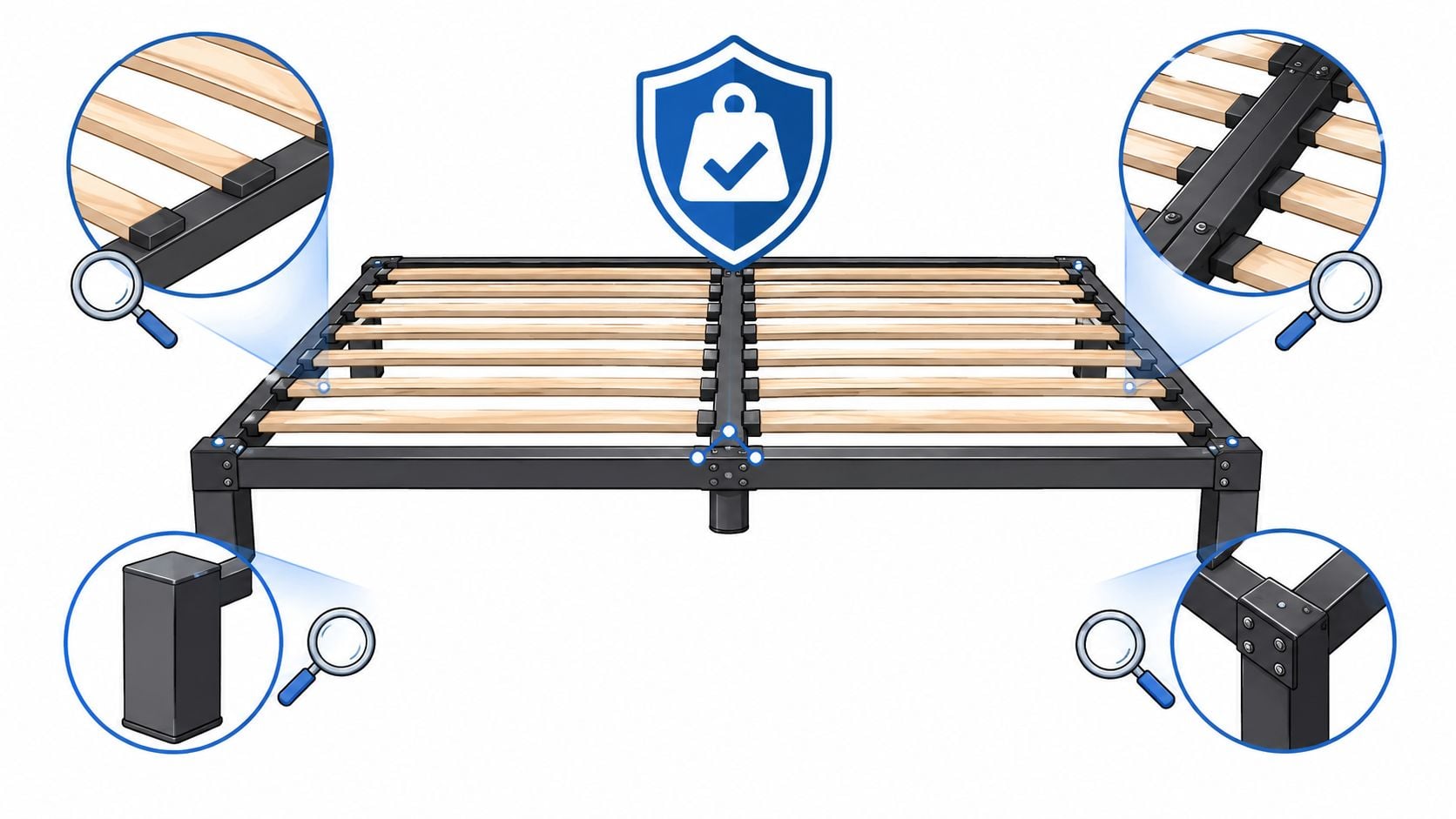 A modern metal bed frame with wooden slats, highlighting its durable construction features and assembly details.