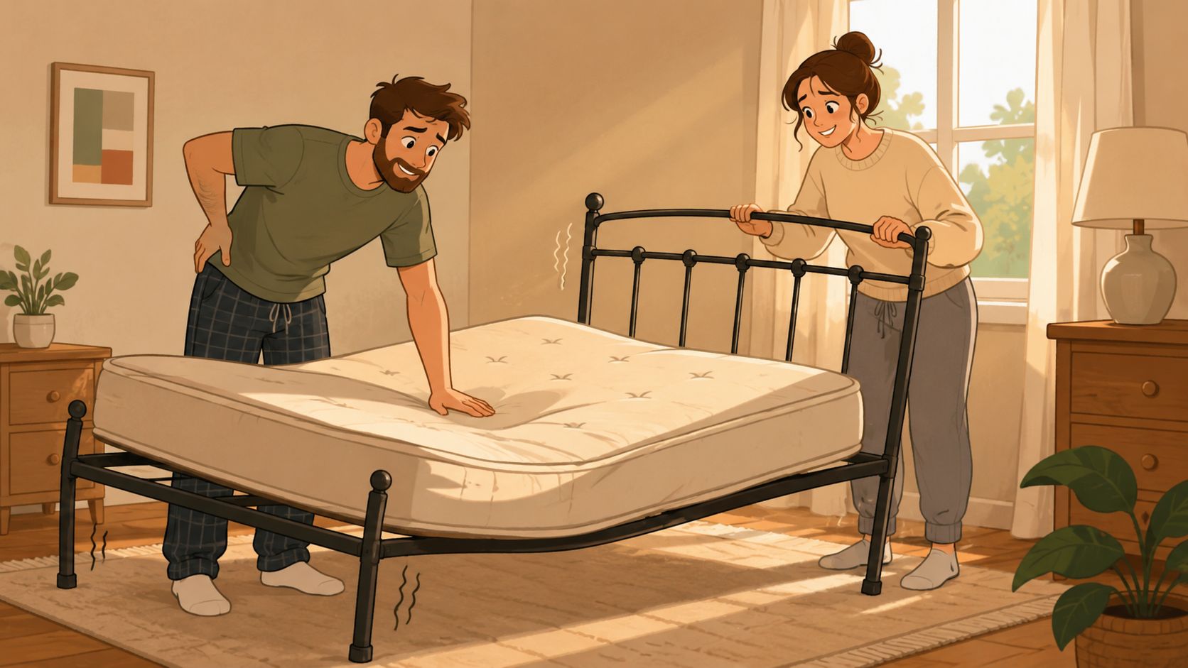 A couple testing the stability of a new black metal bed frame in their sunlit bedroom.