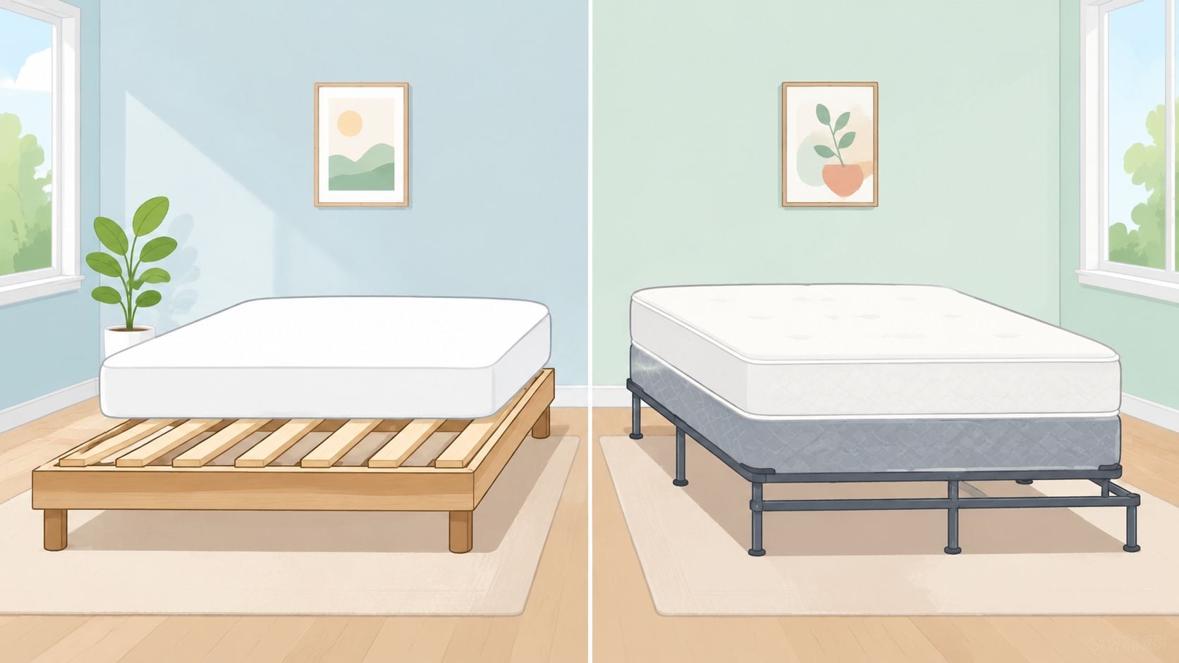 A side-by-side illustration comparing a wooden slat bed frame and a metal bed frame with box spring.