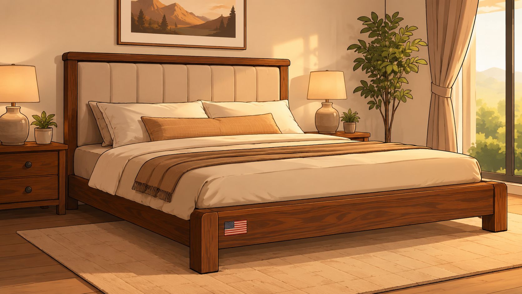 A cozy bedroom with a wooden bed frame, upholstered headboard, and warm ambient sunset lighting.