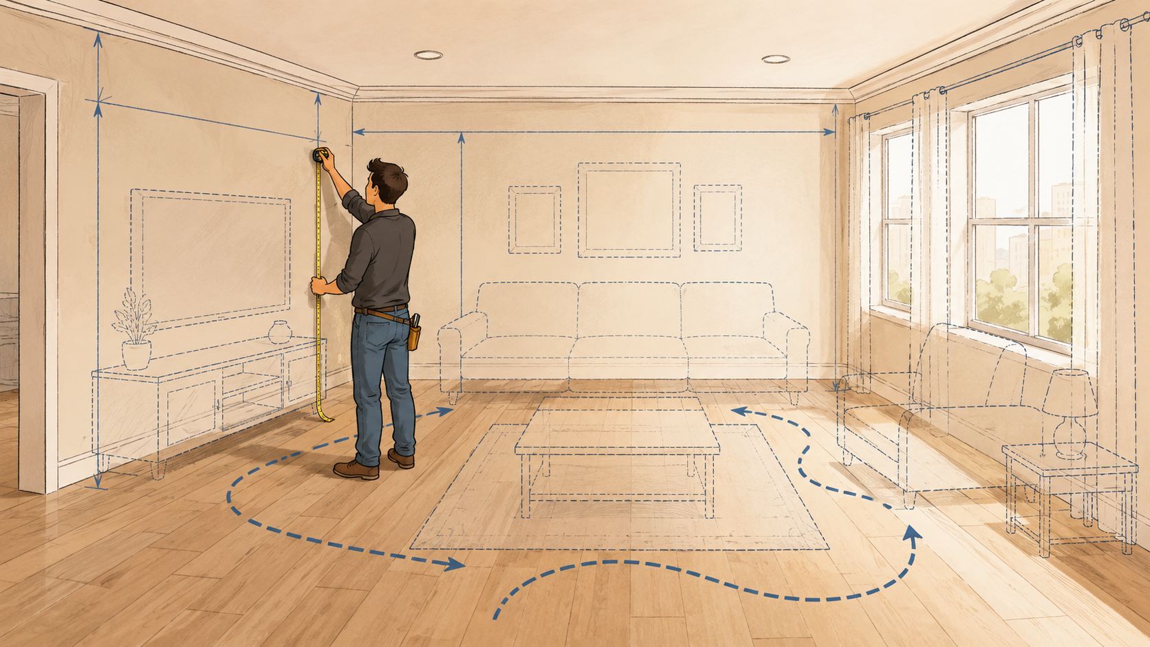A man using a tape measure to determine the dimensions of a room for furniture planning.