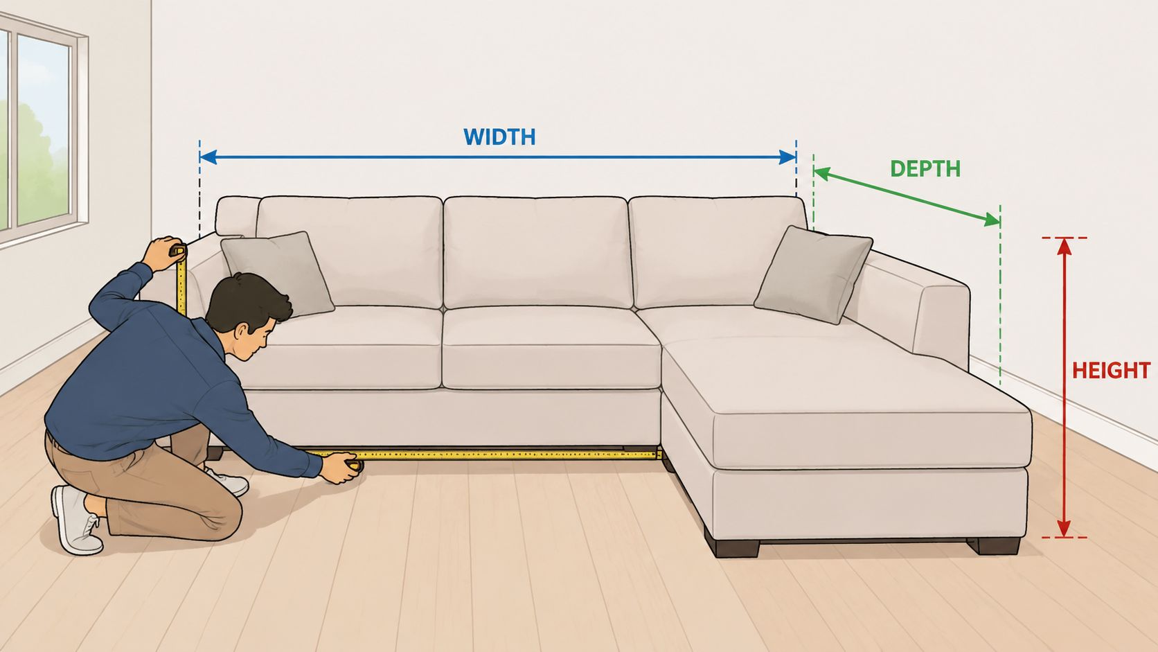 A person kneeling on a floor measuring a beige sectional sofa to determine its dimensions correctly.