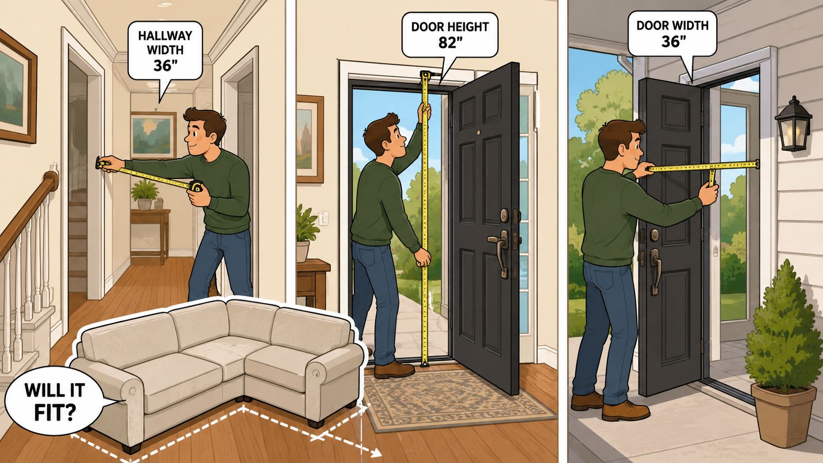 A man measuring hallway and door dimensions to determine if a sectional sofa will fit inside his home.