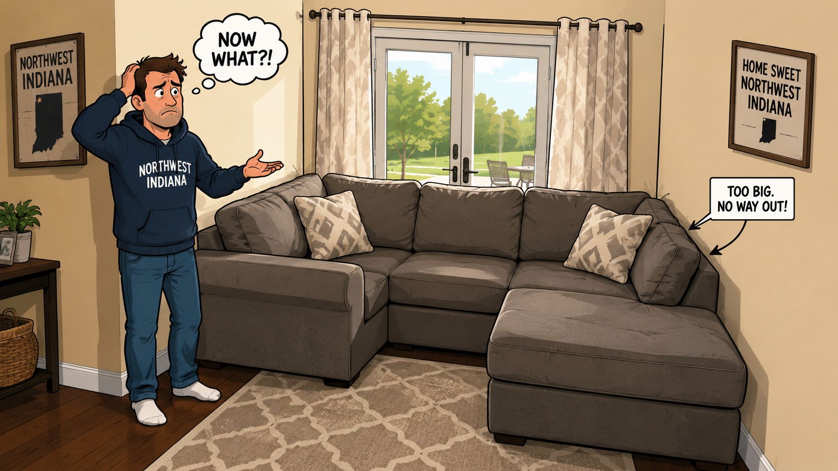 A confused man in a living room struggling to fit an oversized sectional sofa into the corner.