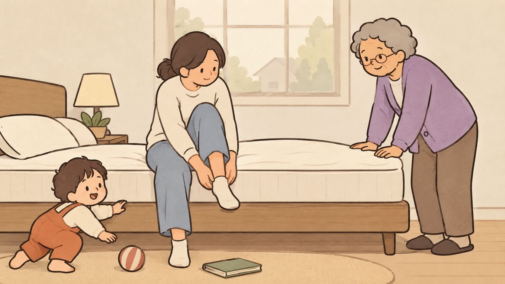 An elderly woman stands beside a woman sitting on a mattress while a toddler plays nearby.