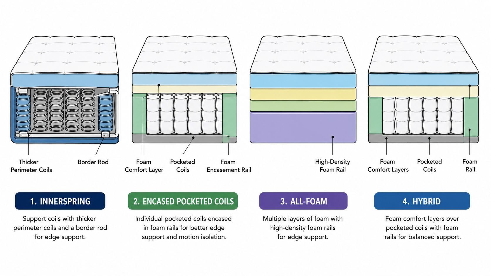 A diagram comparing four common mattress constructions highlighting their internal support systems and foam edge supports.