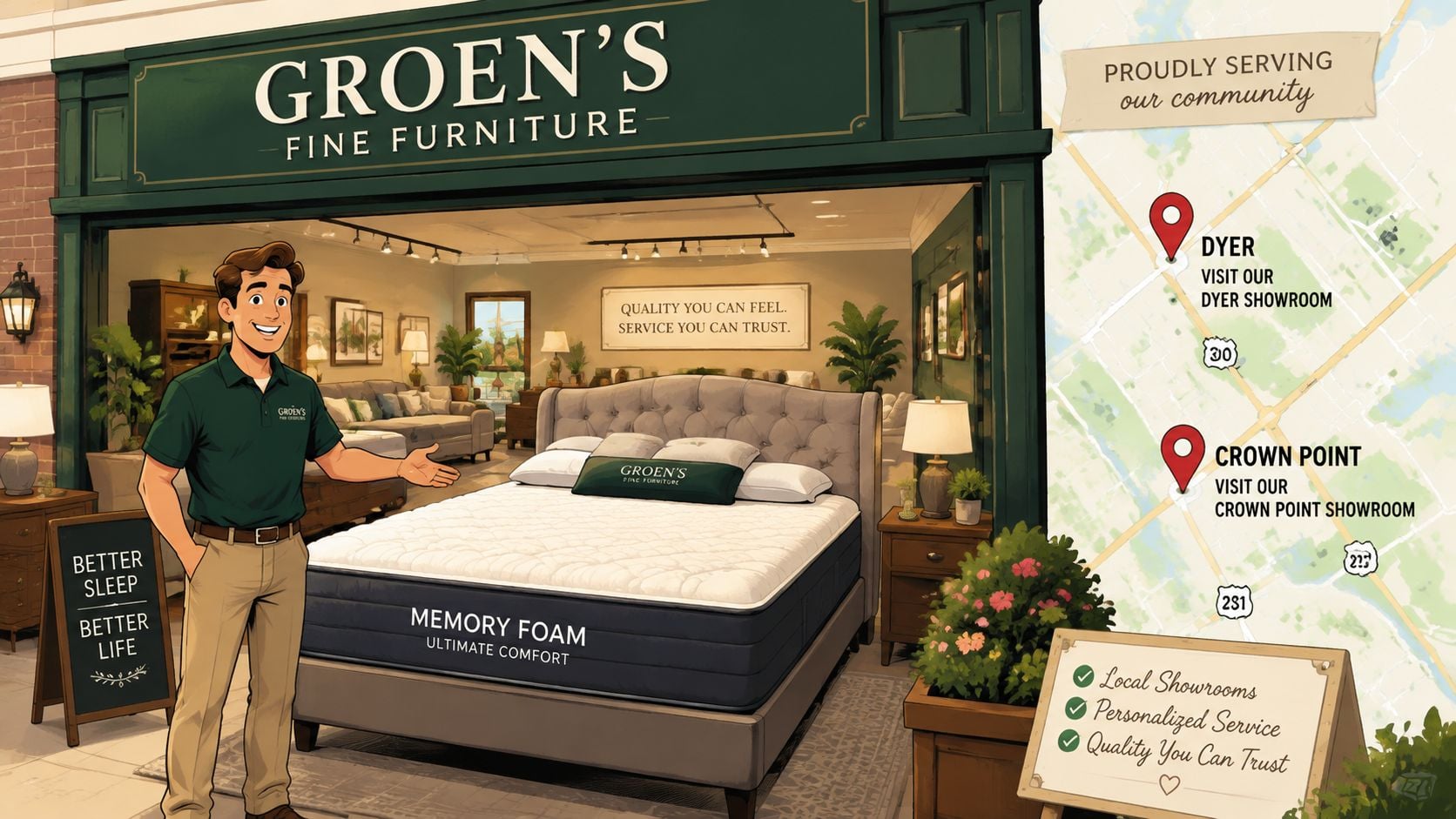 A friendly sales associate presenting a memory foam mattress in a local Groen's Fine Furniture showroom store.
