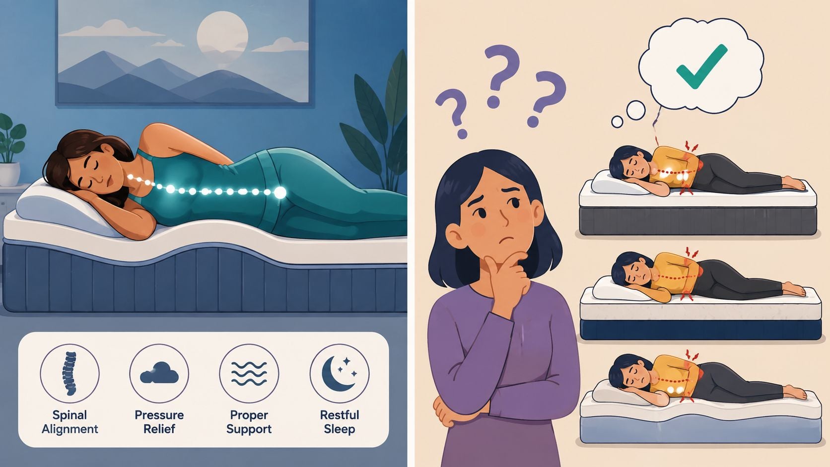 A diagram comparing the benefits of an ergonomic memory foam mattress versus standard mattresses for spinal alignment.