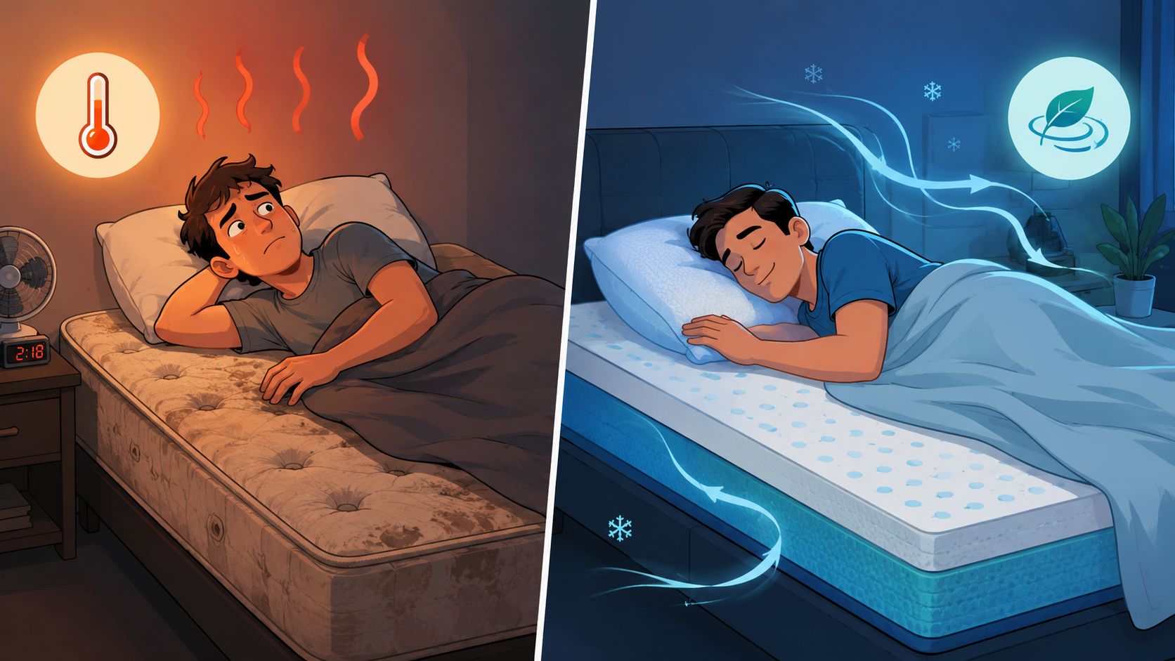 A split screen comparing a person sleeping uncomfortably in heat versus sleeping soundly on a cool mattress.