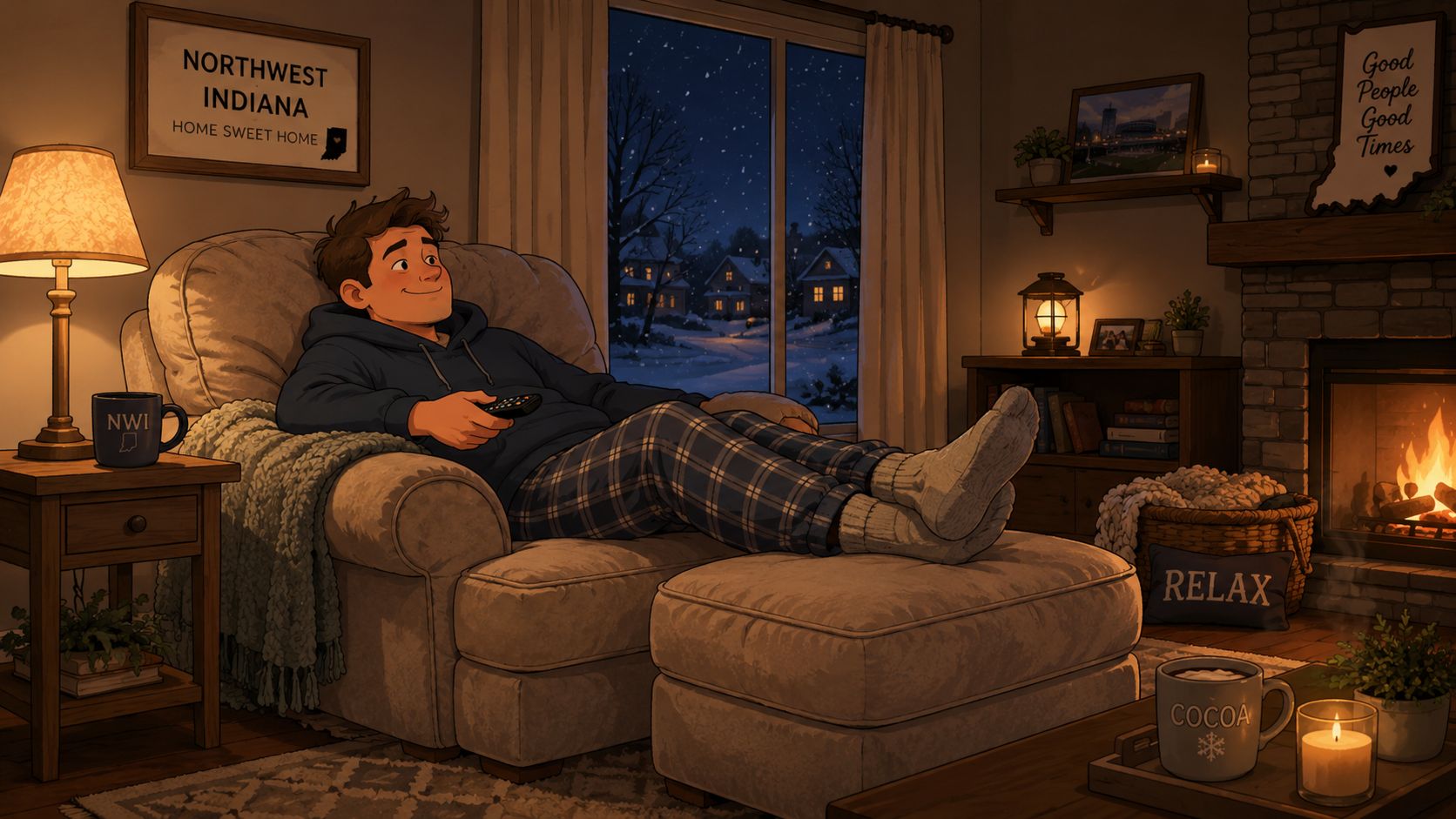 A happy man relaxing in an oversized chair with an ottoman in a cozy, snow-filled living room.
