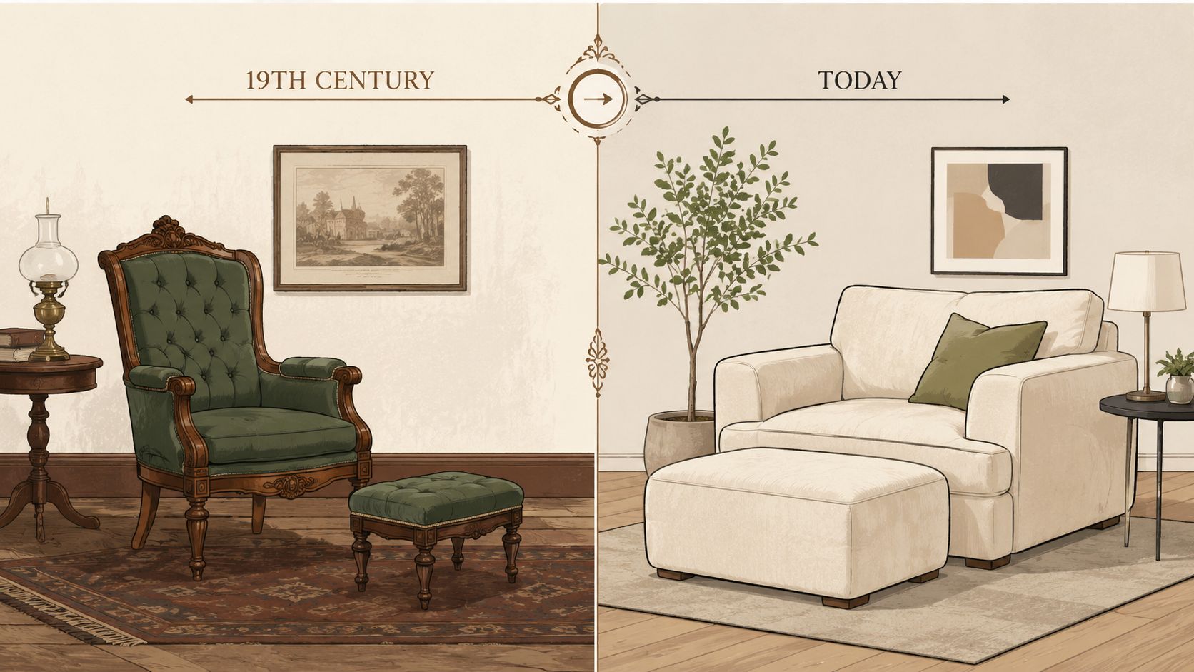 A comparison showing an antique green velvet chair from the 19th century and a modern oversized armchair today.