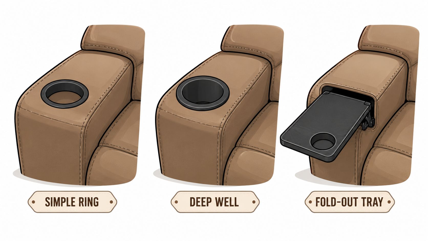 Three illustrations showing different cup holder styles including a simple ring, deep well, and fold-out tray.