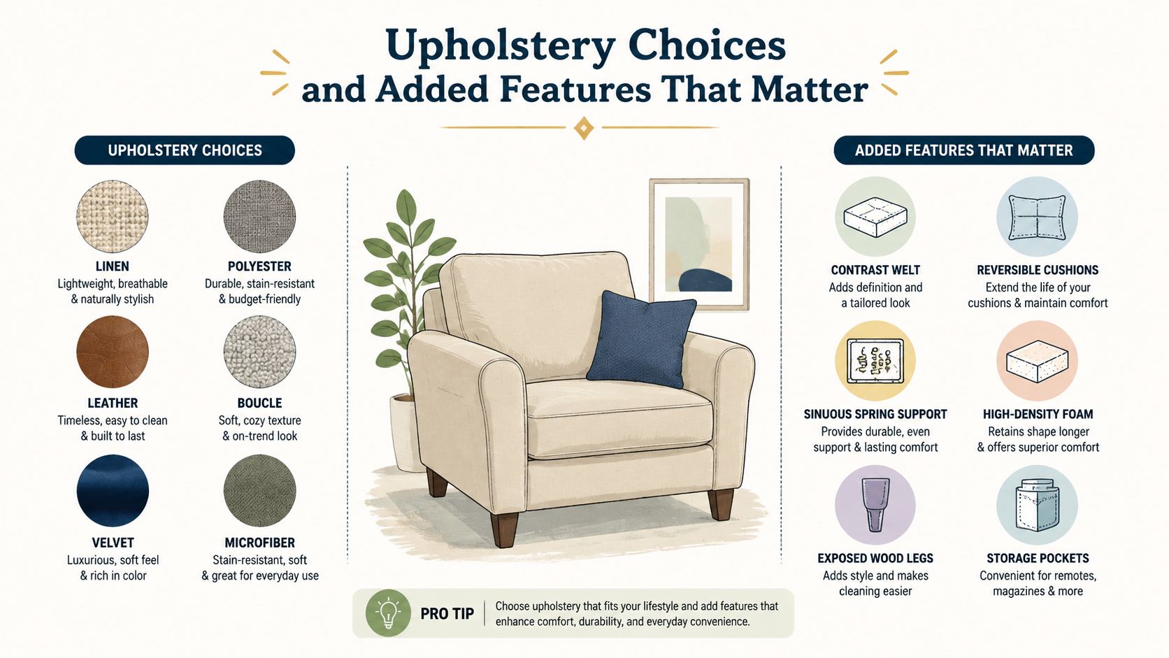 An infographic illustrating various upholstery materials and functional design features for comfortable living room chairs.