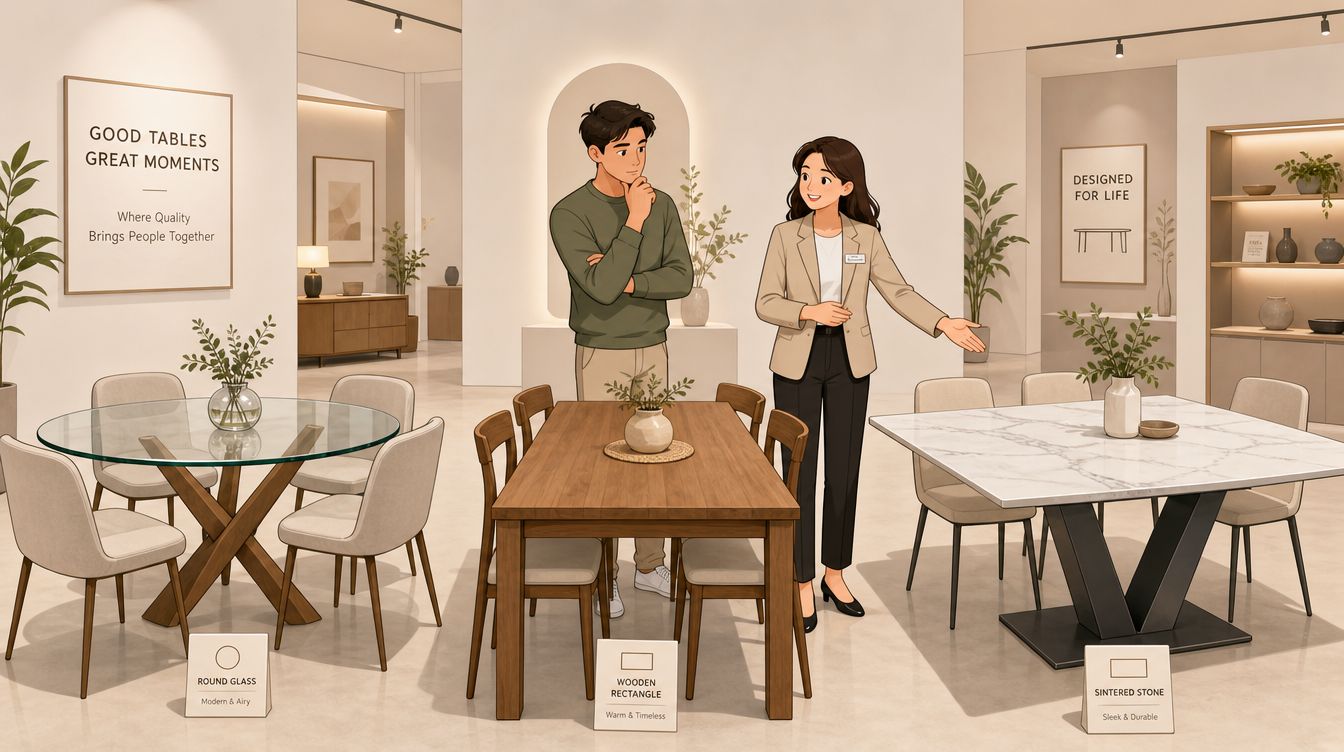 A man and a saleswoman standing in a furniture showroom surrounded by various wooden, glass, and stone tables.