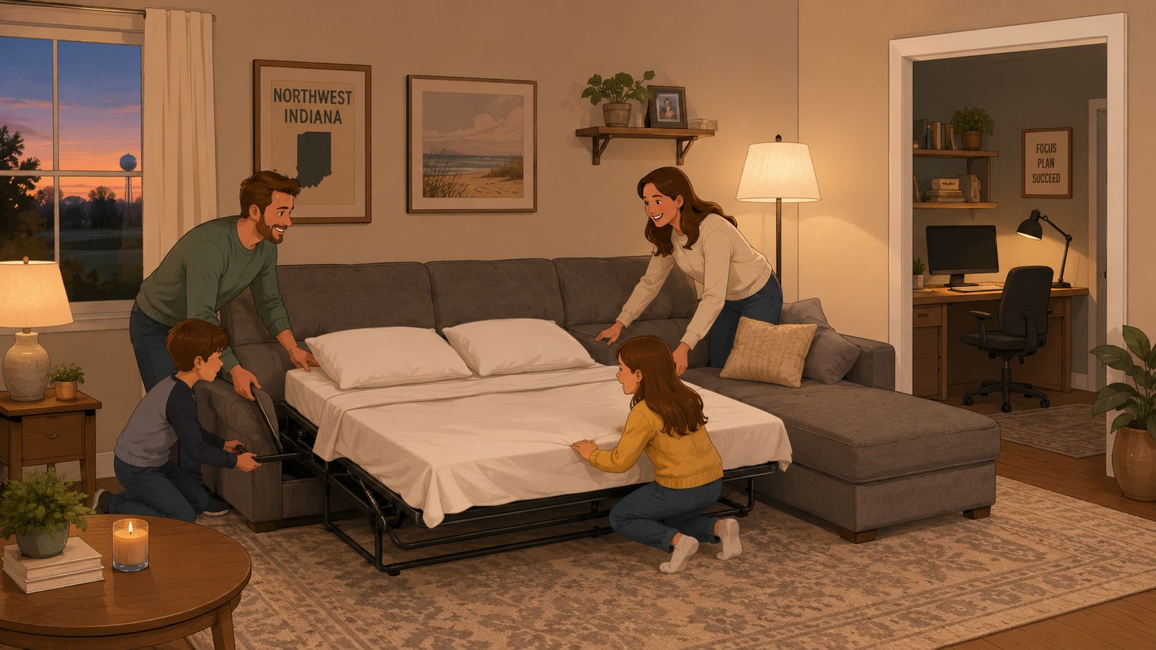 A happy family working together to set up a comfortable sleeper sofa with chaise lounge at home.