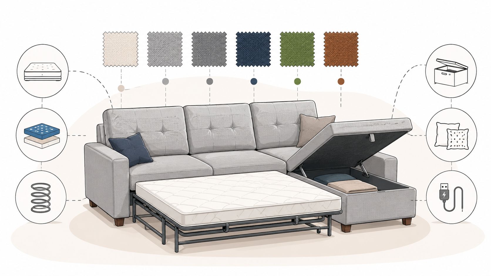 A modern grey sleeper sofa with a pull-out mattress, integrated chaise storage, and fabric color options.