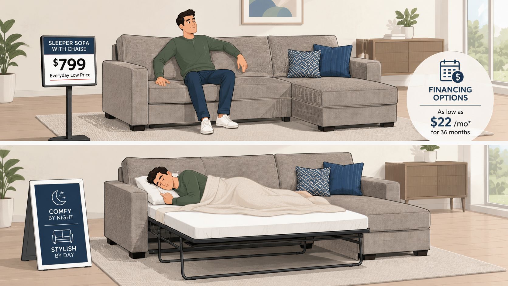 A split image showing a sleeper sofa with chaise lounge as a sofa and a bed.