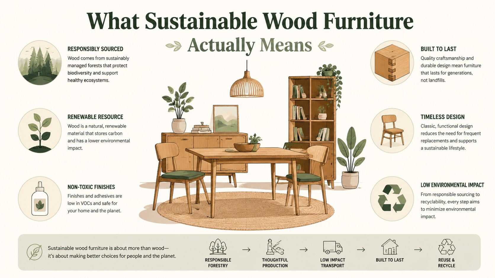 An infographic detailing the key benefits and principles of sustainable wood furniture for home design.