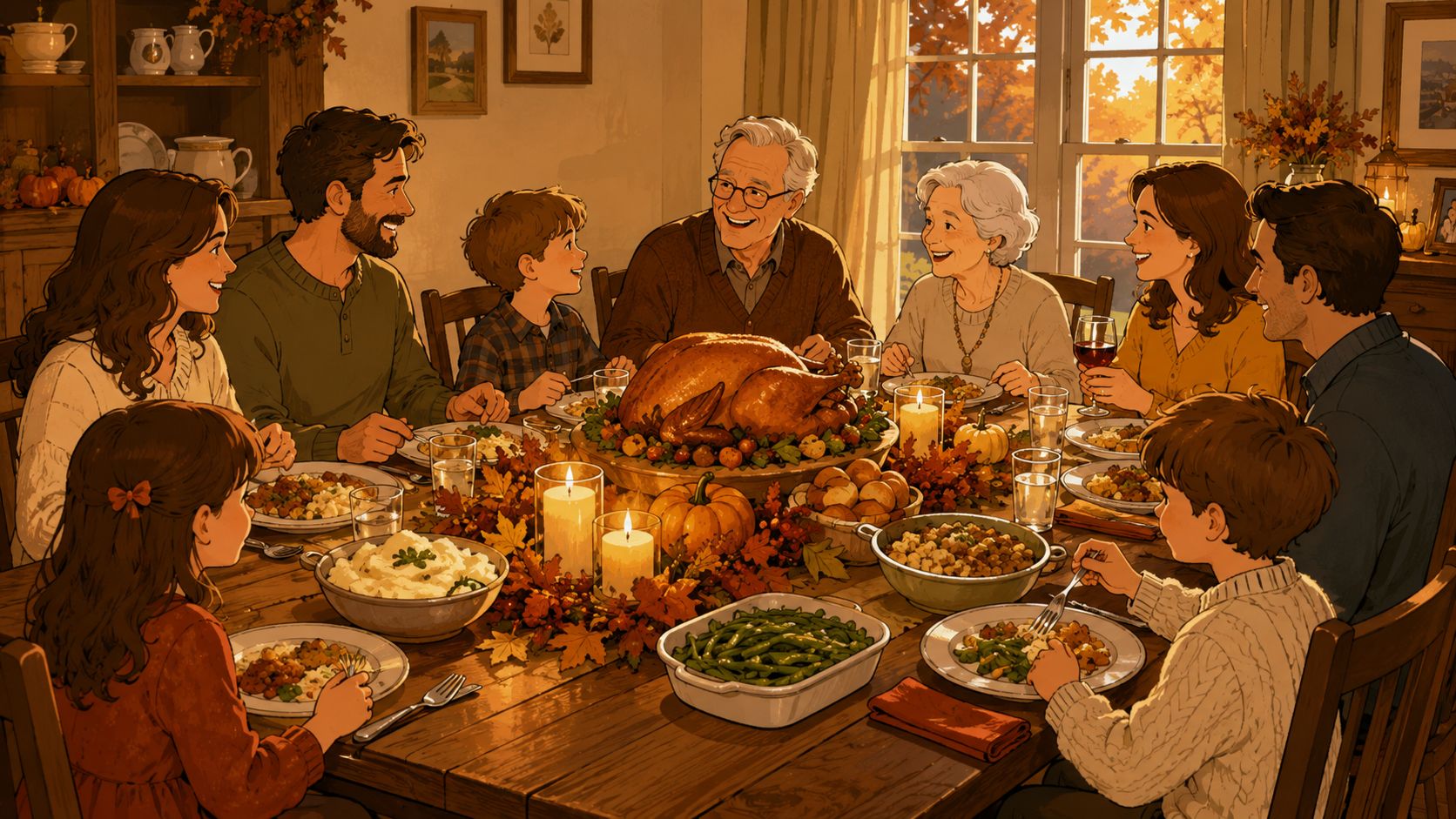 A diverse multi-generational family sitting around a wooden trestle table enjoying a festive Thanksgiving dinner together.