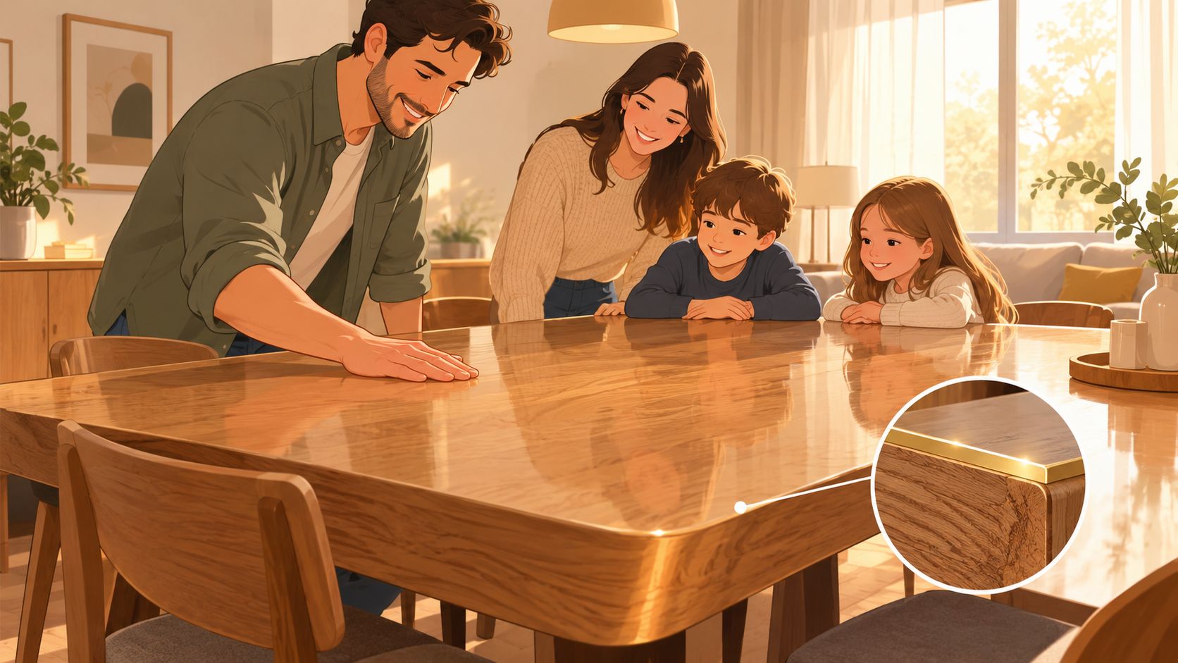 A happy family gathered around a beautifully crafted, glossy Amish wood dining table in a bright home.