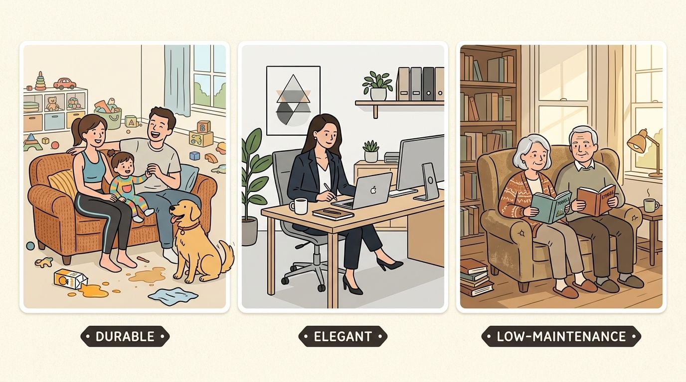 Three different living scenarios illustrating durable, elegant, and low-maintenance furniture options for various home environments.