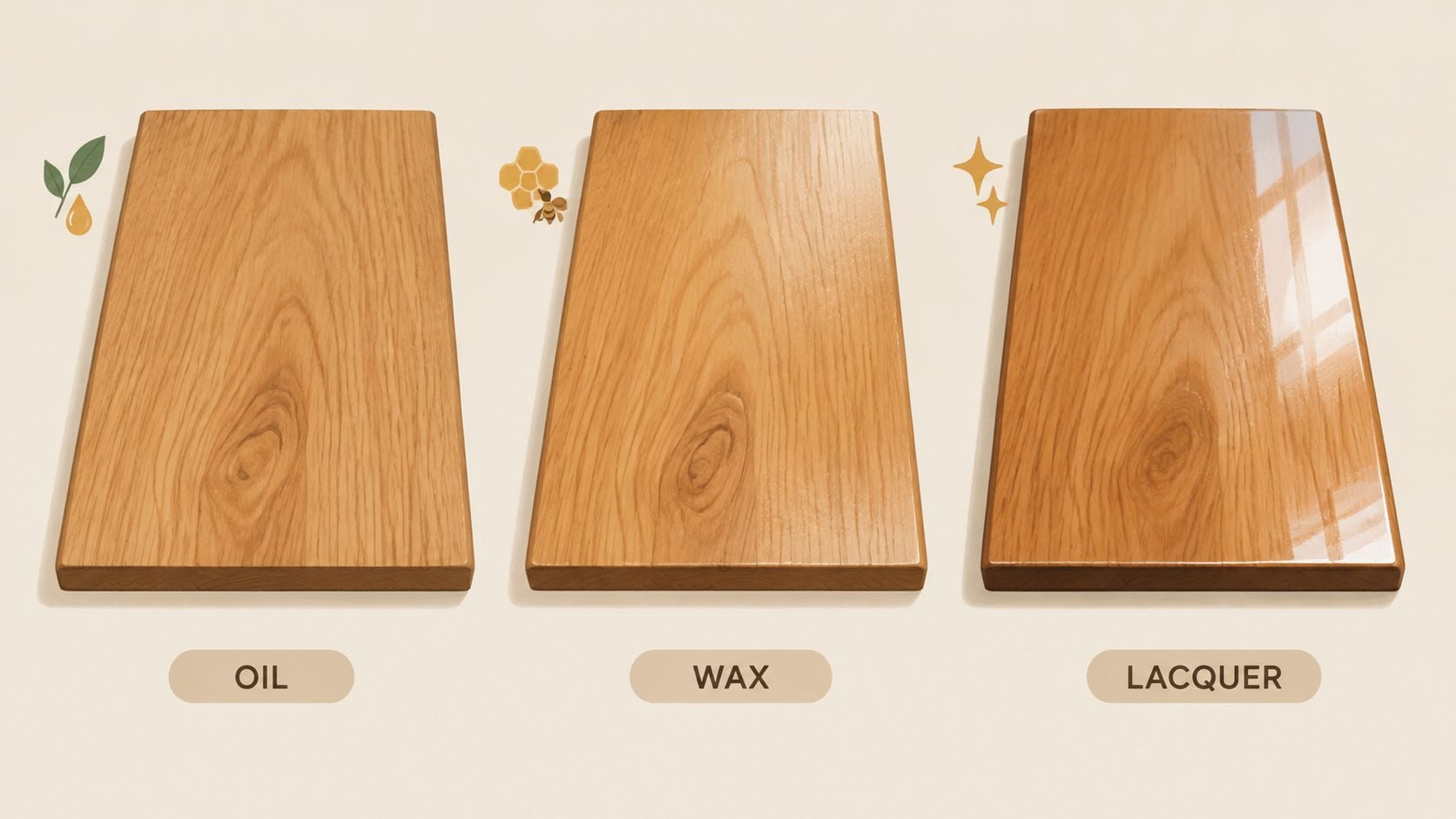A comparison of three wood finish types displayed on wooden boards: oil, wax, and high-gloss lacquer.