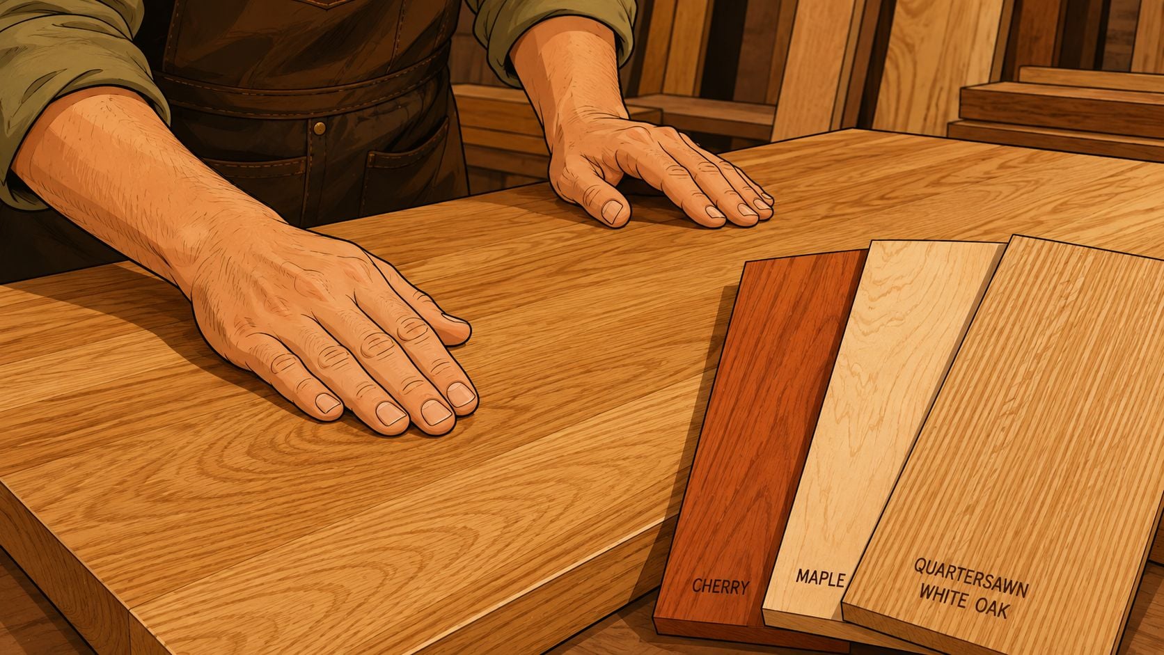 A craftsman inspects a premium wooden tabletop alongside samples of cherry, maple, and quartersawn white oak.