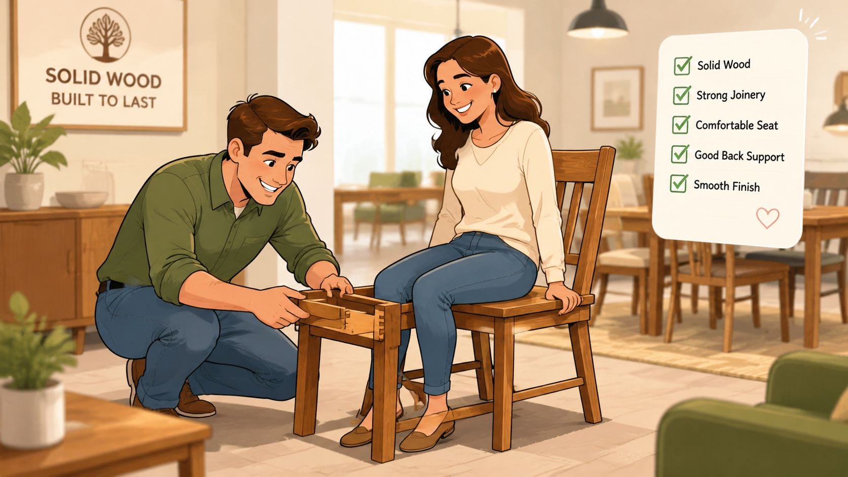 A couple examines the high-quality craftsmanship and joinery of a sturdy solid wood dining chair.