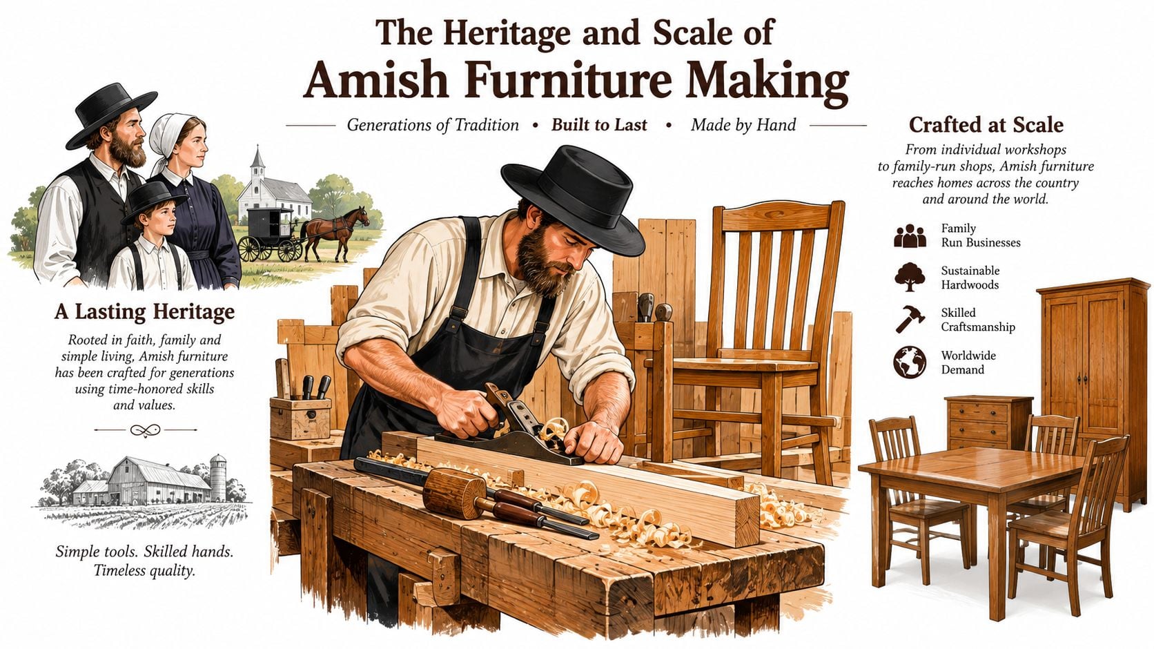 A detailed illustration explaining the heritage, traditions, and craftsmanship behind authentic handmade Amish solid wood furniture.