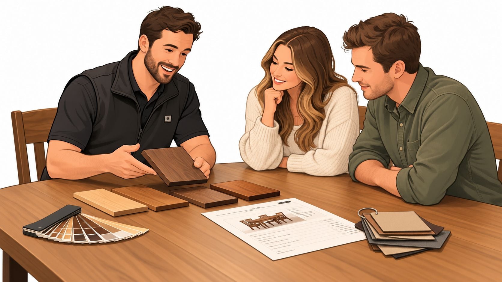 A professional furniture designer showing wood finish samples to a young couple for their dining table purchase.