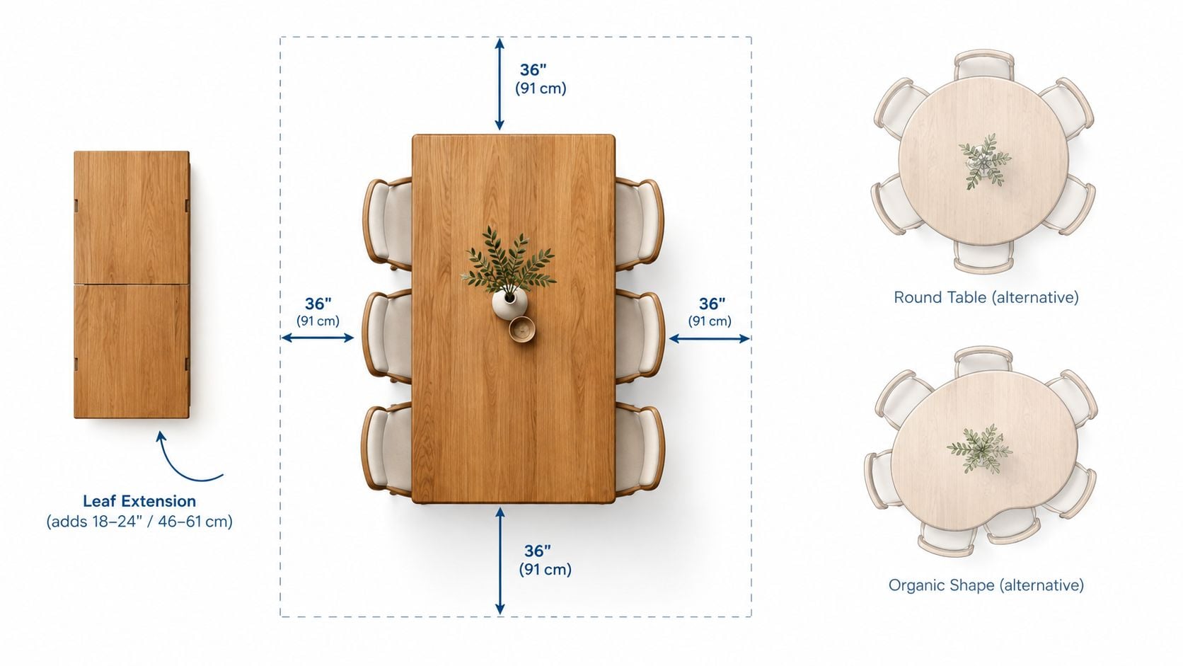 A diagram illustrating space requirements for a rectangular Amish wood dining table with chairs and alternate shapes.