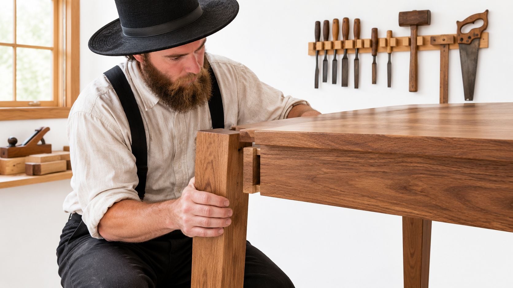 An Amish man with a beard and hat precisely assembling a wooden dining table leg joint.