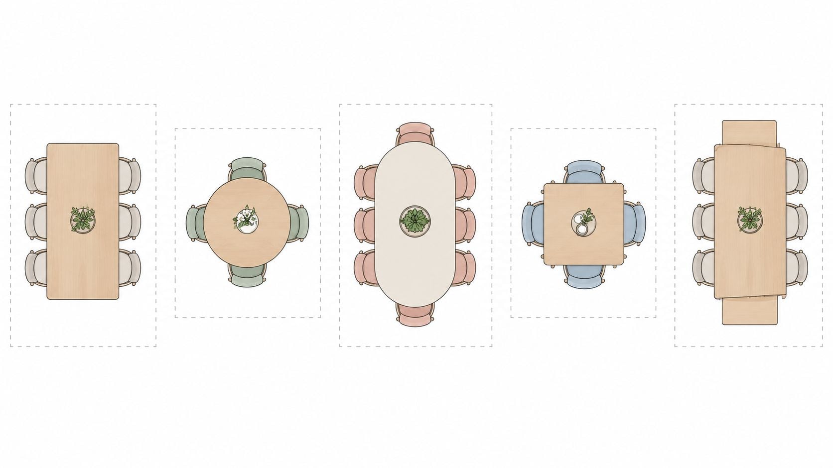 A top-down view showing five different dining table shapes with chairs arranged around them.