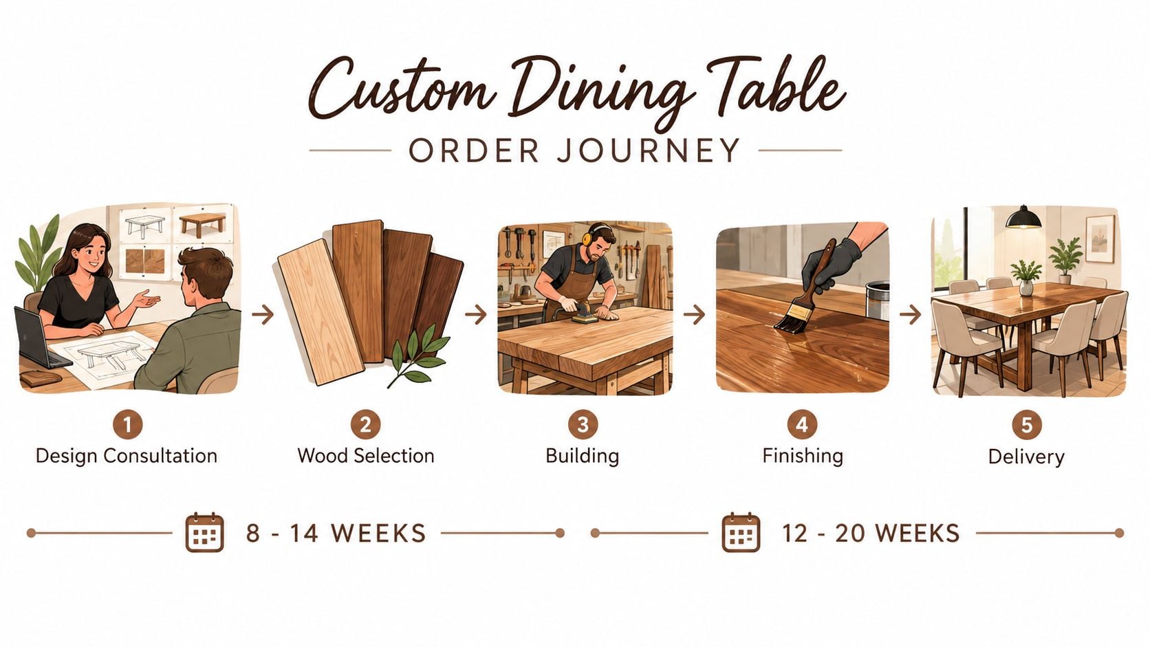 A step-by-step infographic showing the five stages of ordering a custom dining table from consultation to delivery.