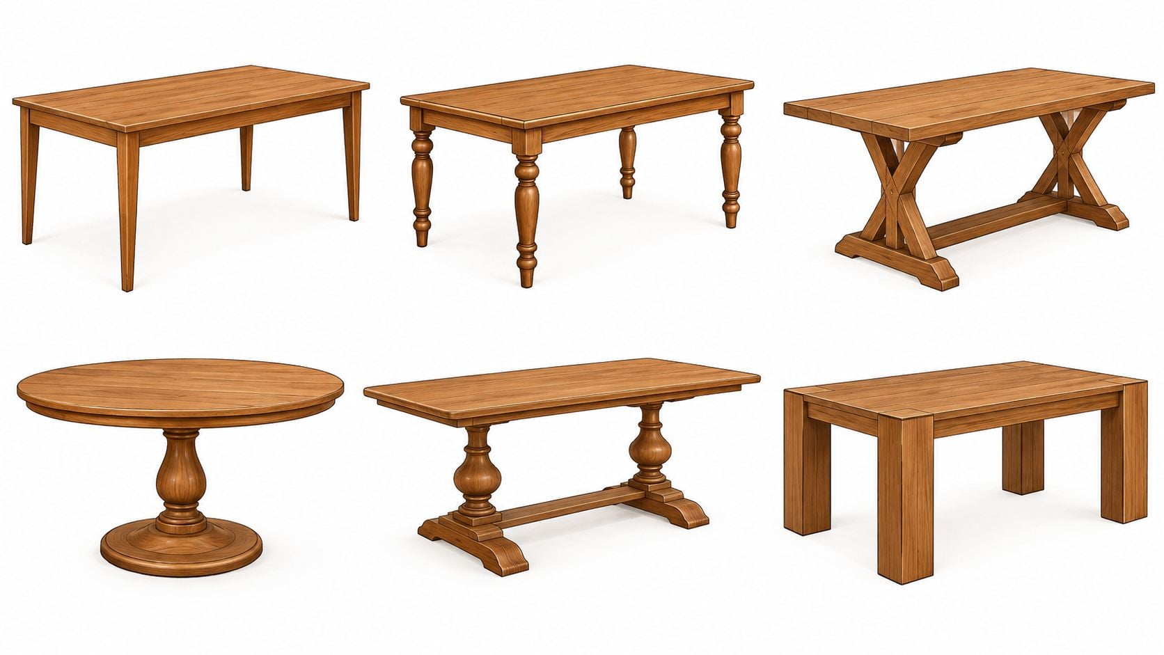 A collection of six various wooden dining room tables with different leg designs on a white background.