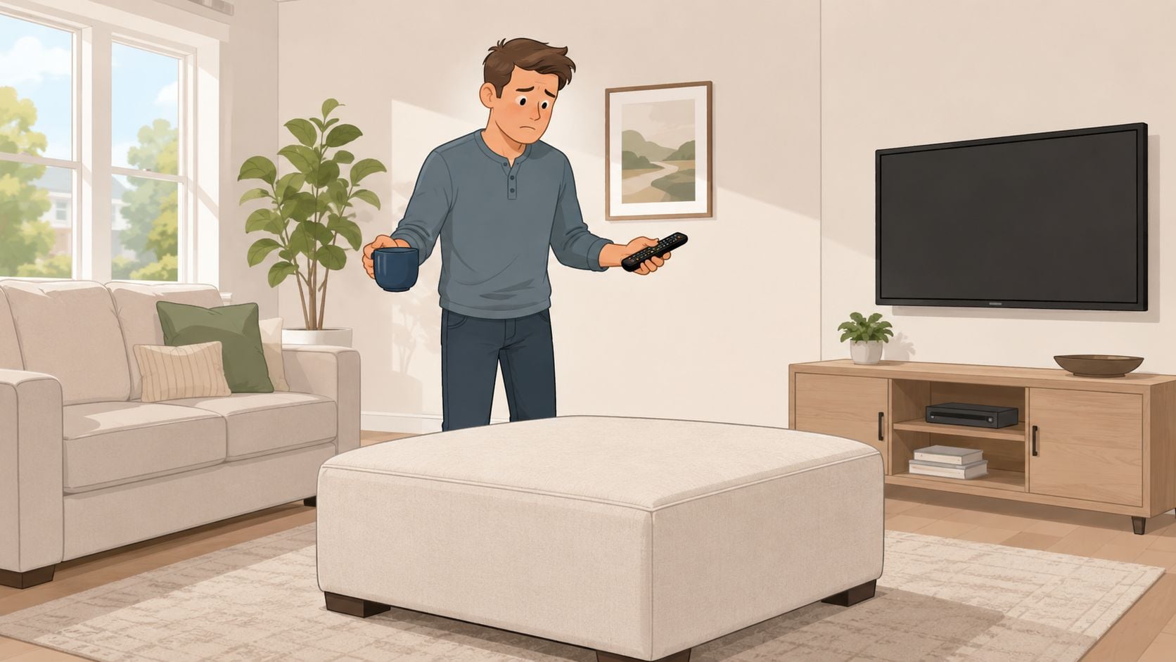 A man looking confused while holding a mug and a remote control standing in a living room.