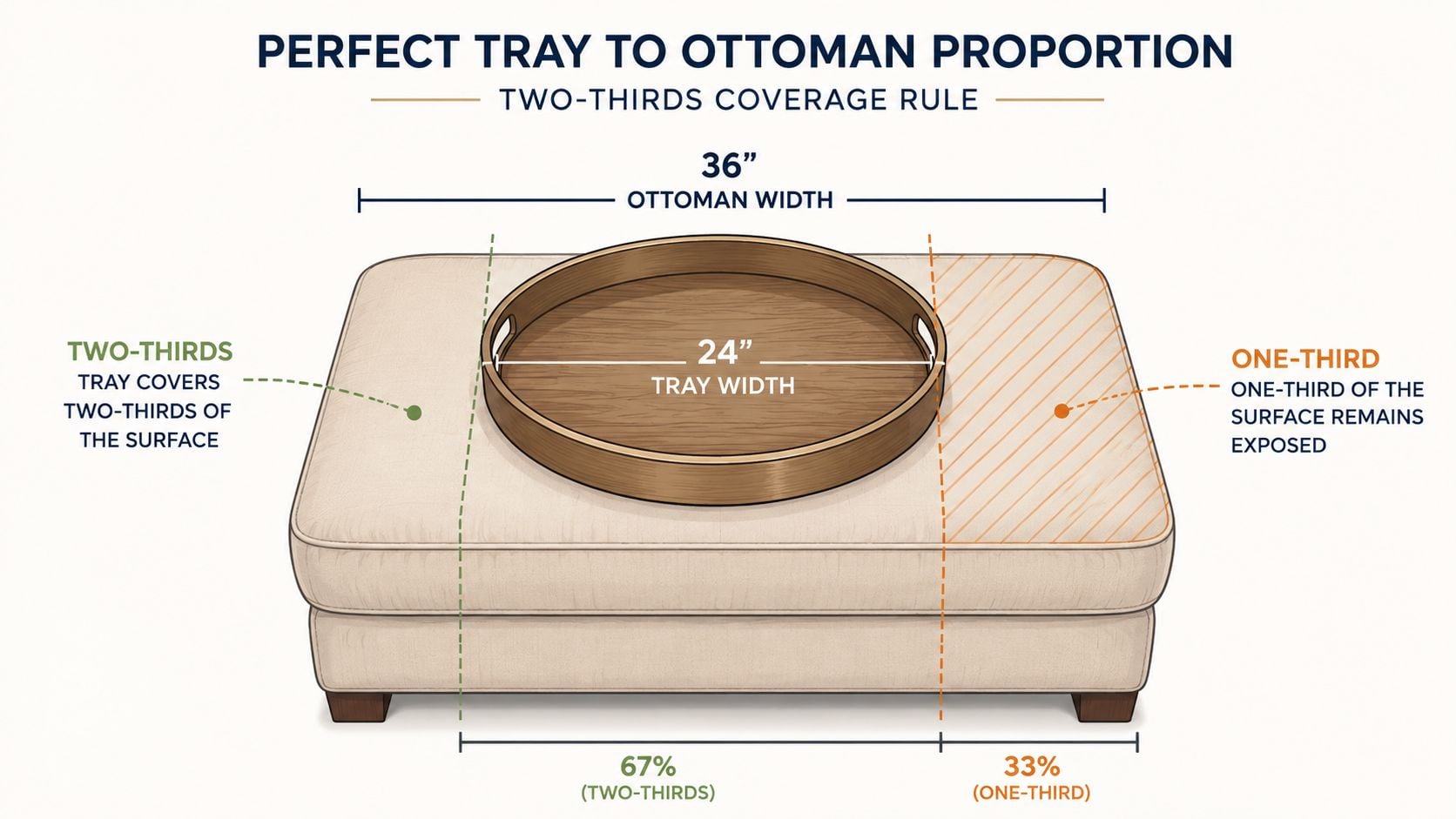 A diagram illustrating the two-thirds coverage rule for choosing the perfect size tray for an ottoman.