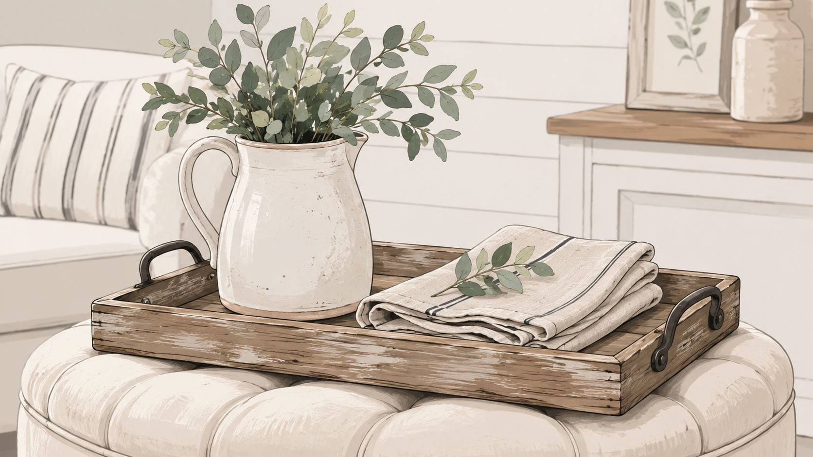 A rustic wooden tray with a white ceramic pitcher and folded linen cloth sits on an ottoman.