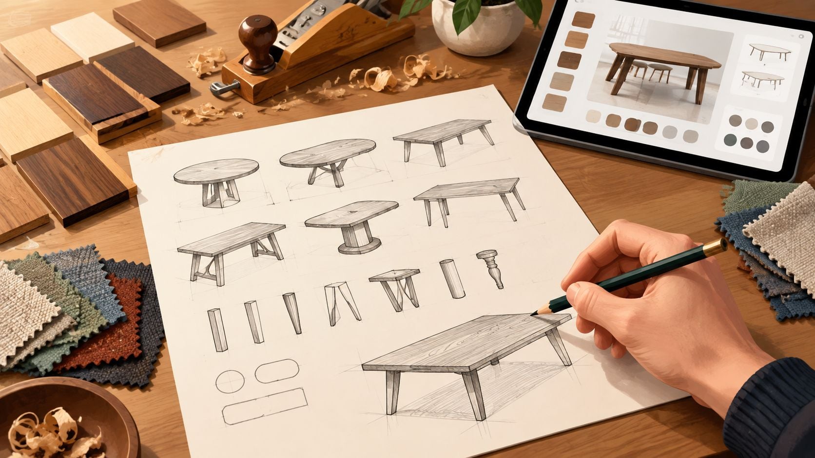 A designer drawing sketches of various solid wood dining tables at a desk with material samples.